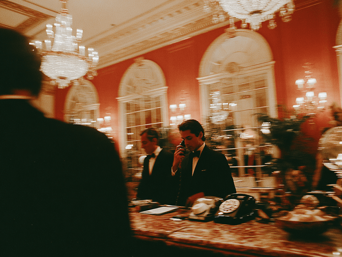 An elegant hotel lobby with crystal chandeliers and a concierge desk